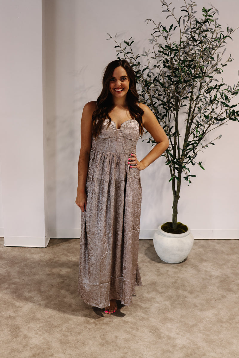 Nia Metallic Corset Maxi Dress Hers & Mine Boutique Nia Metallic Corset Maxi Dress Hers & Mine Boutique