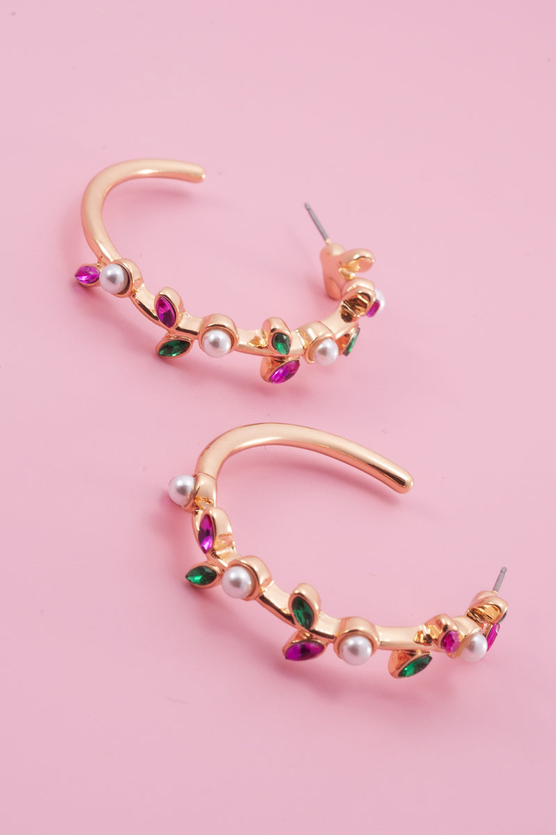 Flower Rhinstone & Pear Hoop Earring