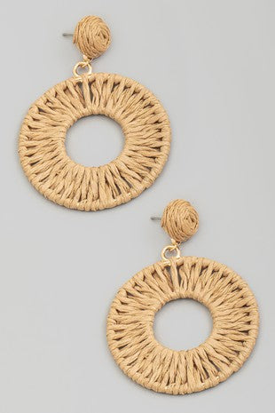 Straw Braided Circle Disc Earrings