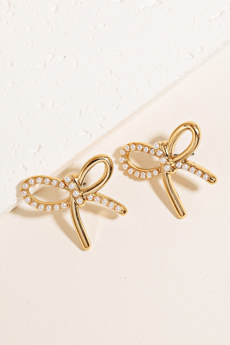 Pearl Pave Ribbon Bow Stud Earrings