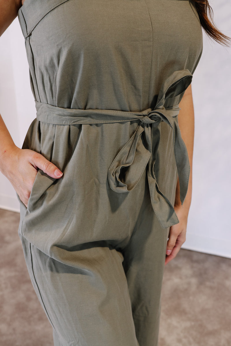 Olive Belted Capri Jumpsuit