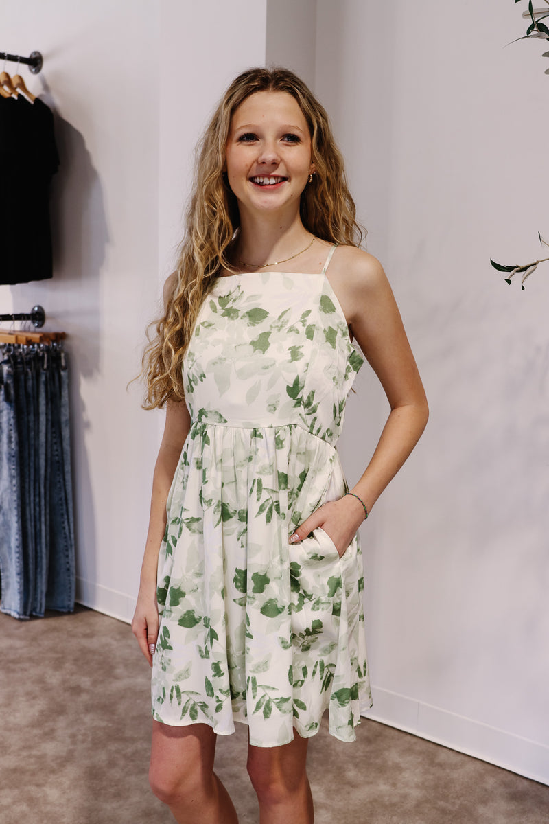 Sage Satin Floral Dress