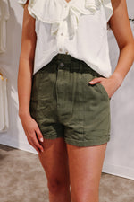 Olive High Rise Paperbag Denim Shorts