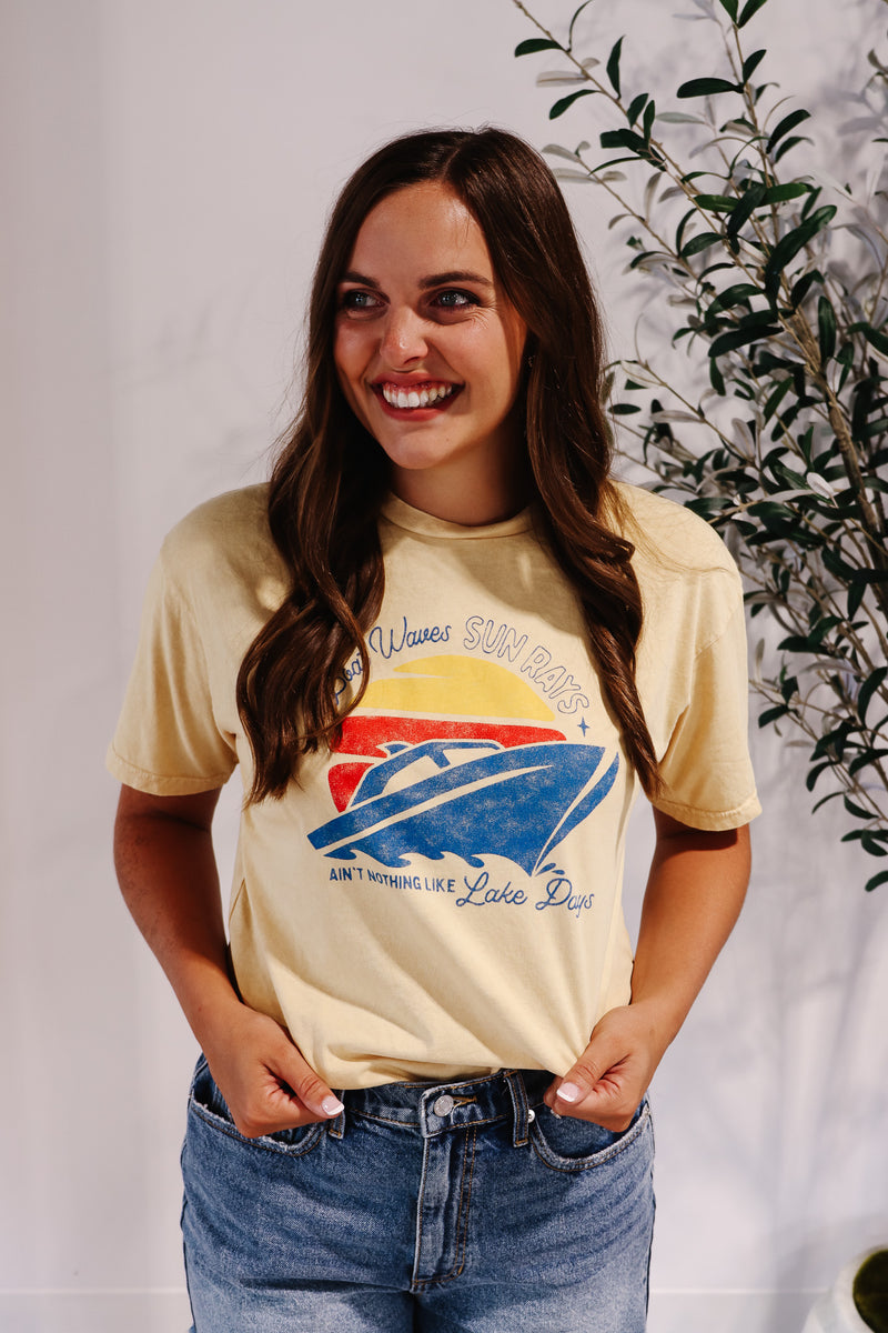 Boat Waves Sun Rays Graphic Tee