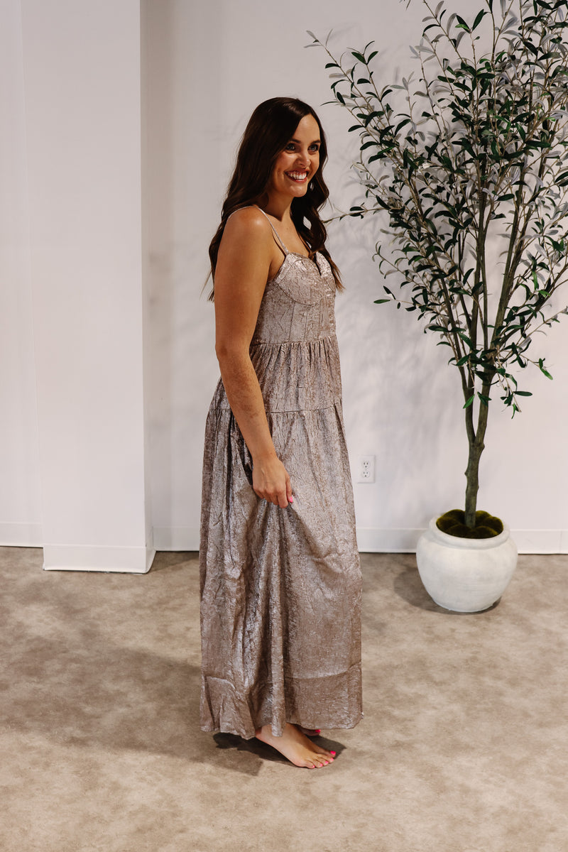 Nia Metallic Corset Maxi Dress – Hers & Mine Boutique